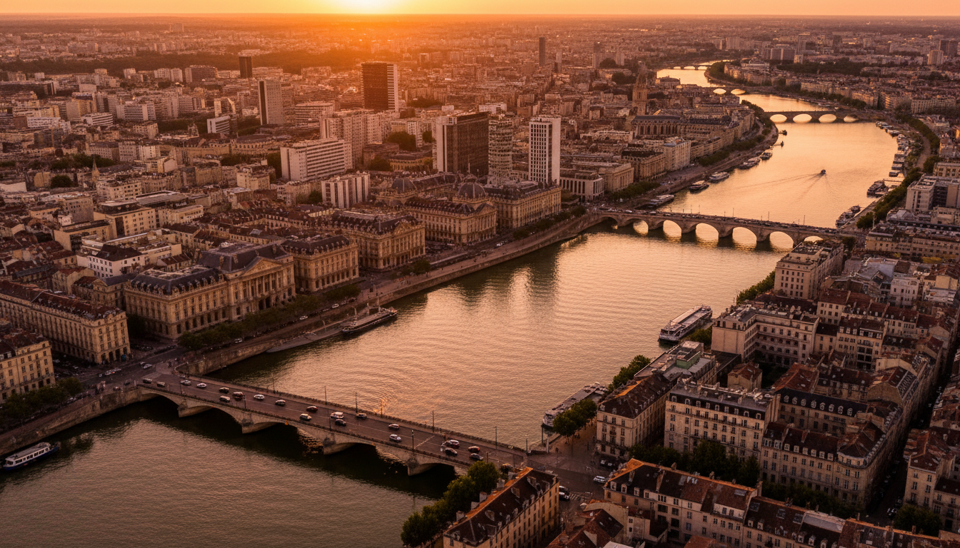 Vue aérienne de Bordeaux et la Garonne au coucher du soleil