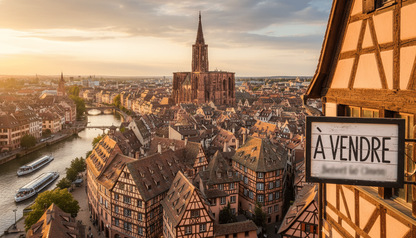 Vue aérienne du centre historique de Strasbourg au coucher du soleil