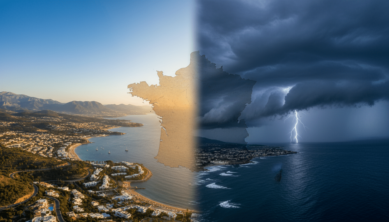 Vue aérienne du contraste météo entre sud ensoleillé et ouest nuageux