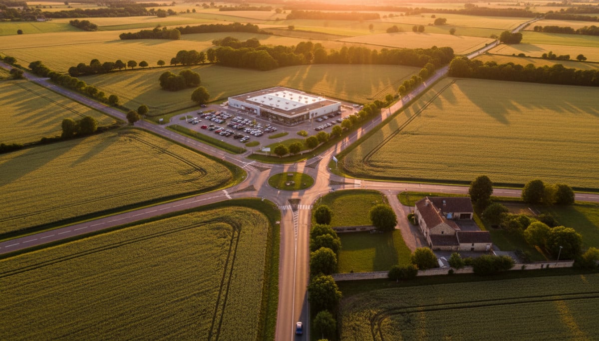 Vue aérienne d'un carrefour routier avec hypermarché au croisement