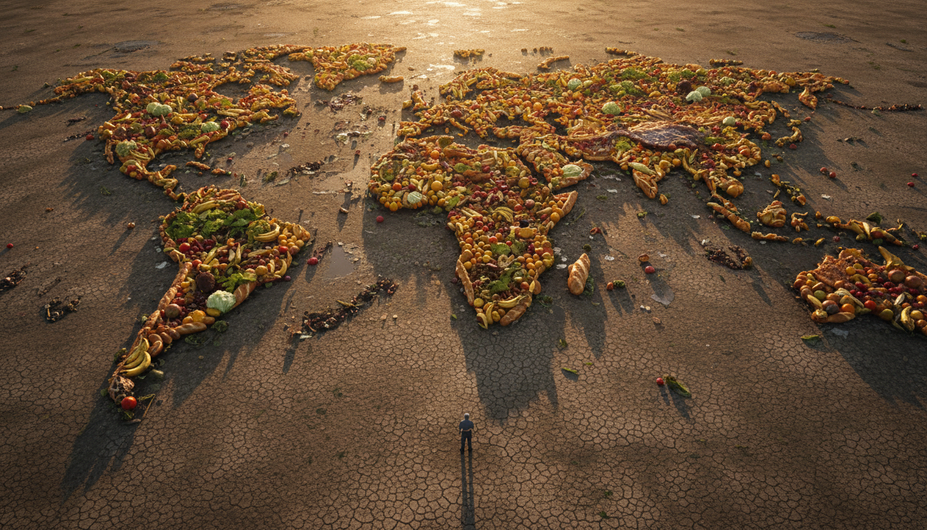 Vue aérienne d'un tas colossal de nourriture gaspillée