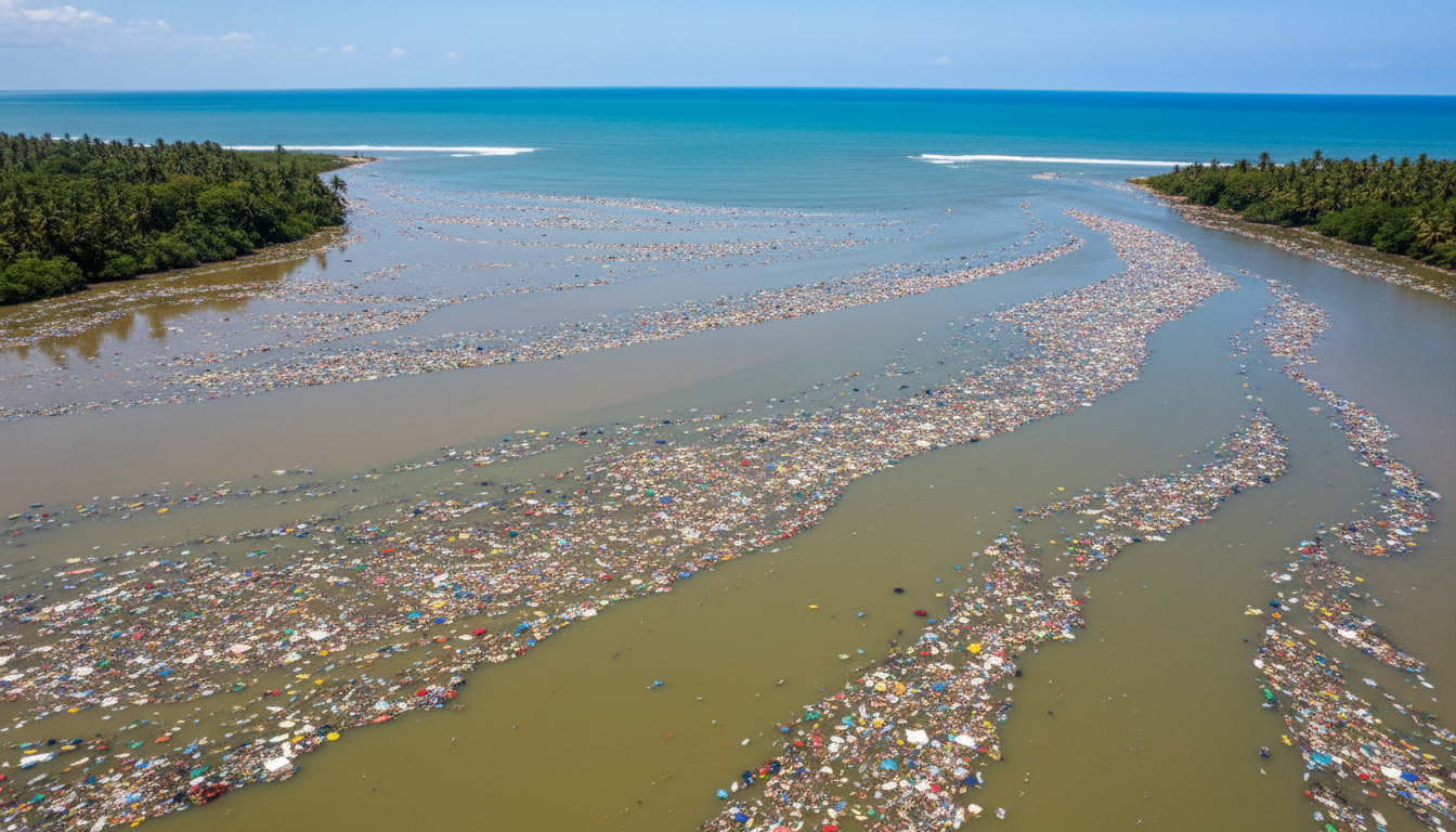 Vue aérienne d'une rivière chargée de déchets plastiques