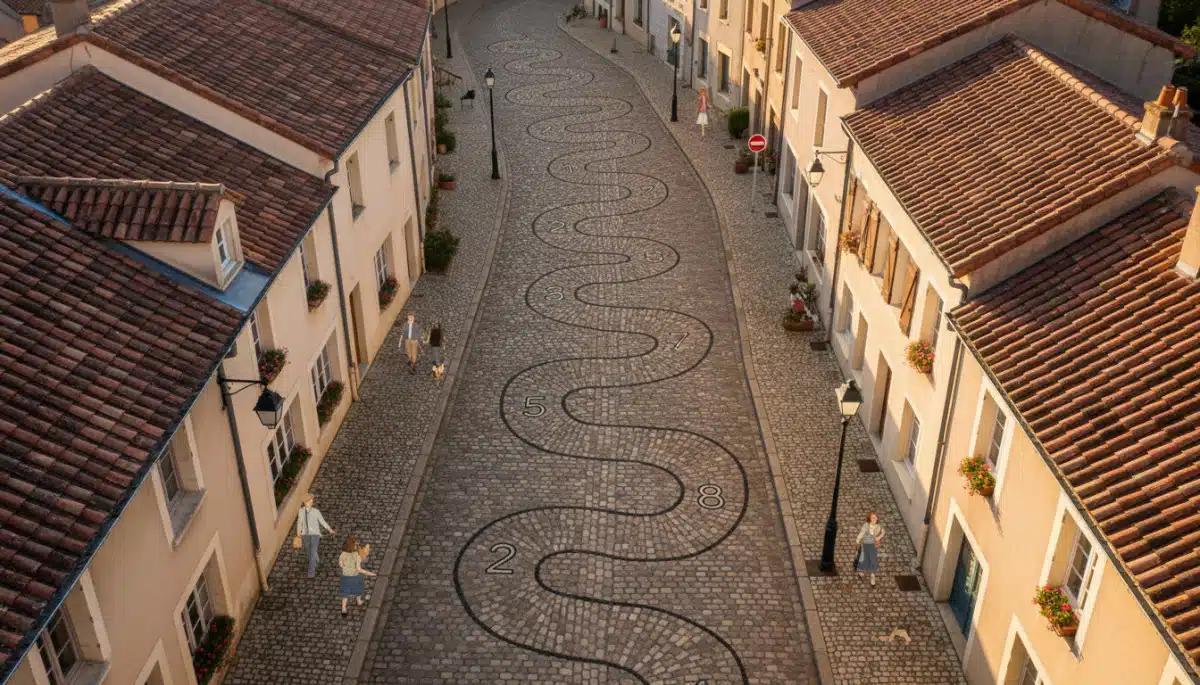 Vue aérienne d'une rue en impasse numérotée en serpentin