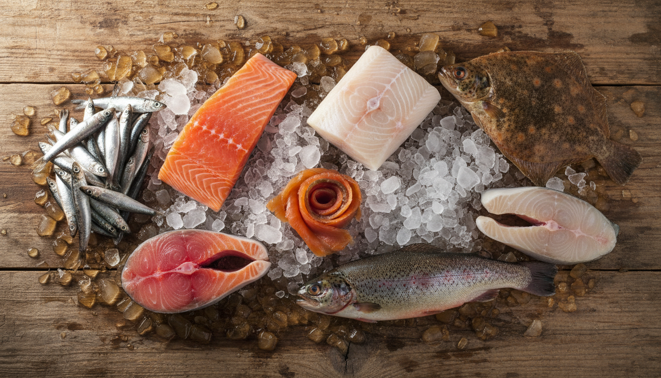 Vue de dessus de huit espèces de poissons différents sur la glace