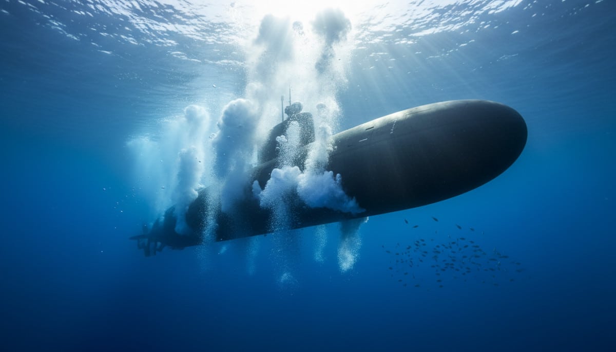 Vue sous-marine d'un sous-marin ajustant ses ballasts