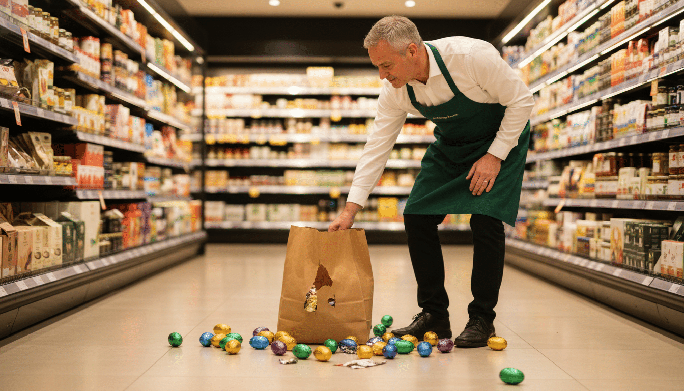 Œufs de Pâques éparpillés au sol dans un supermarché