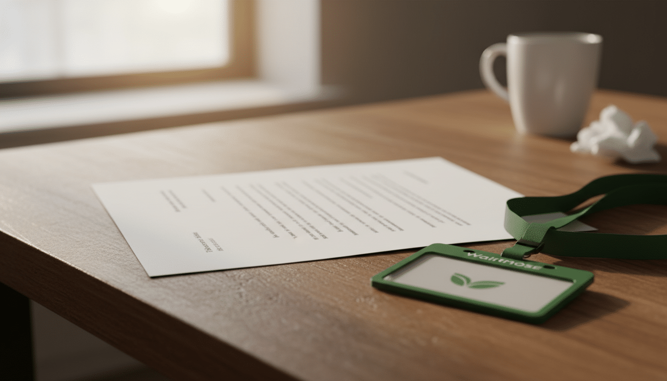 Lettre de licenciement et badge employé sur un bureau