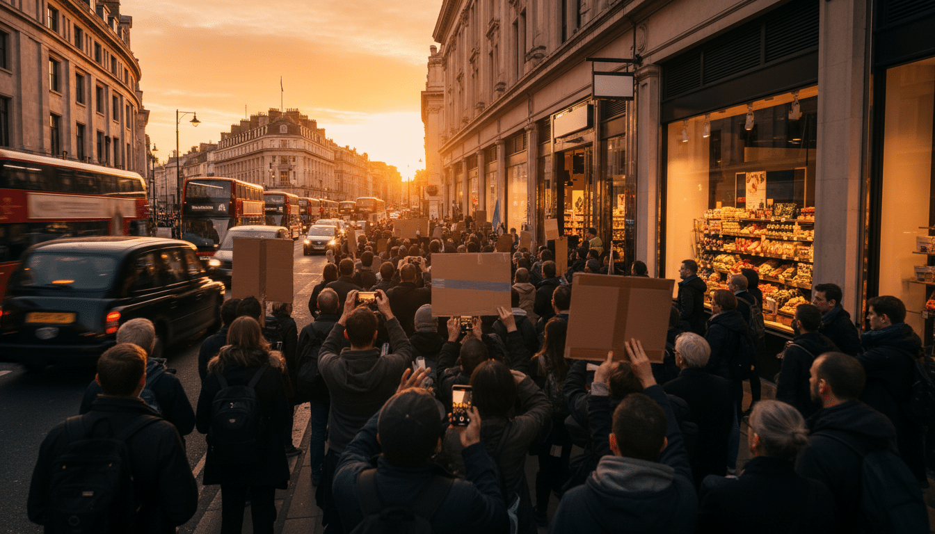 Foule mobilisée devant un supermarché à Londres