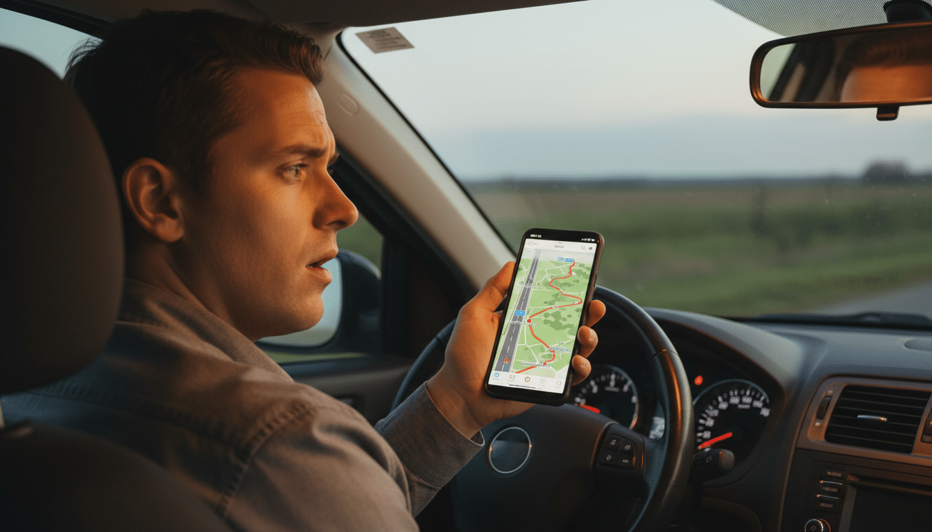Automobiliste comparant deux itinéraires GPS sur son smartphone