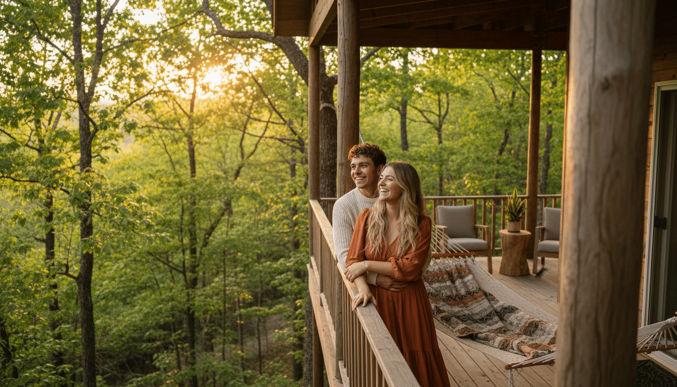 Couple souriant dans une cabane perchée en forêt