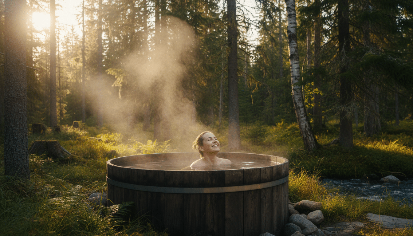 Femme se relaxant dans un bain nordique en forêt