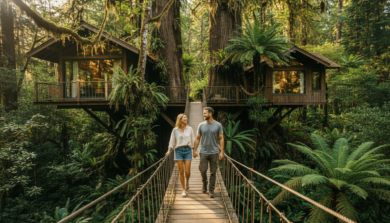 Couple sur une passerelle entre cabanes dans les arbres