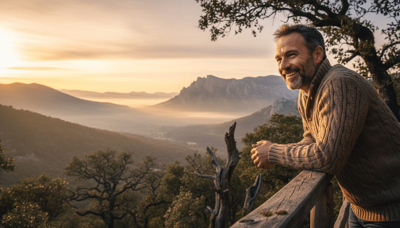 Homme admirant la vue depuis une cabane perchée en montagne
