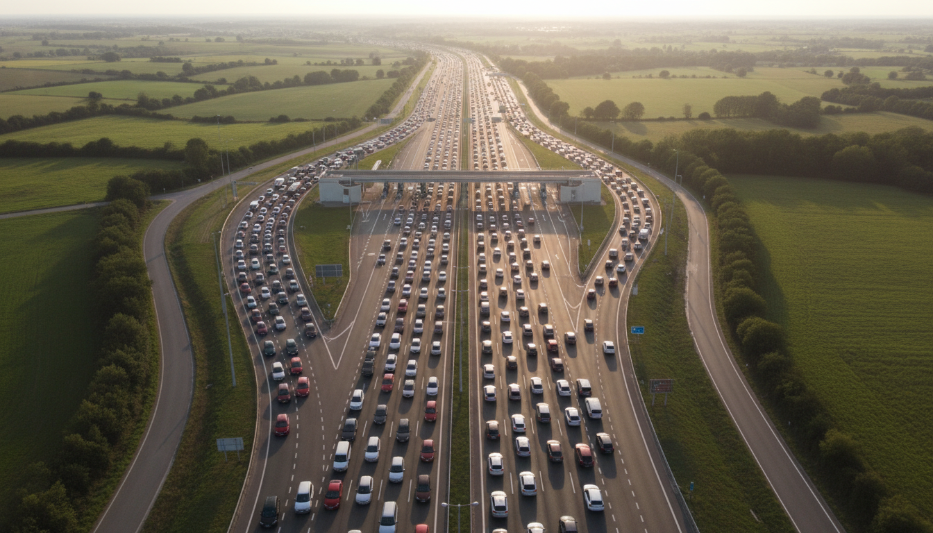 Embouteillages sur une autoroute française près d'un péage