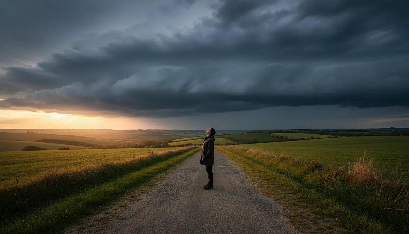 Ciel orageux menaçant au-dessus de la campagne normande