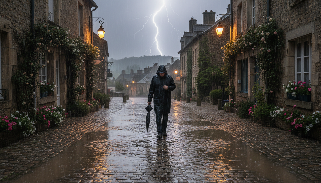 Personne sous la pluie dans un village français avec éclairs