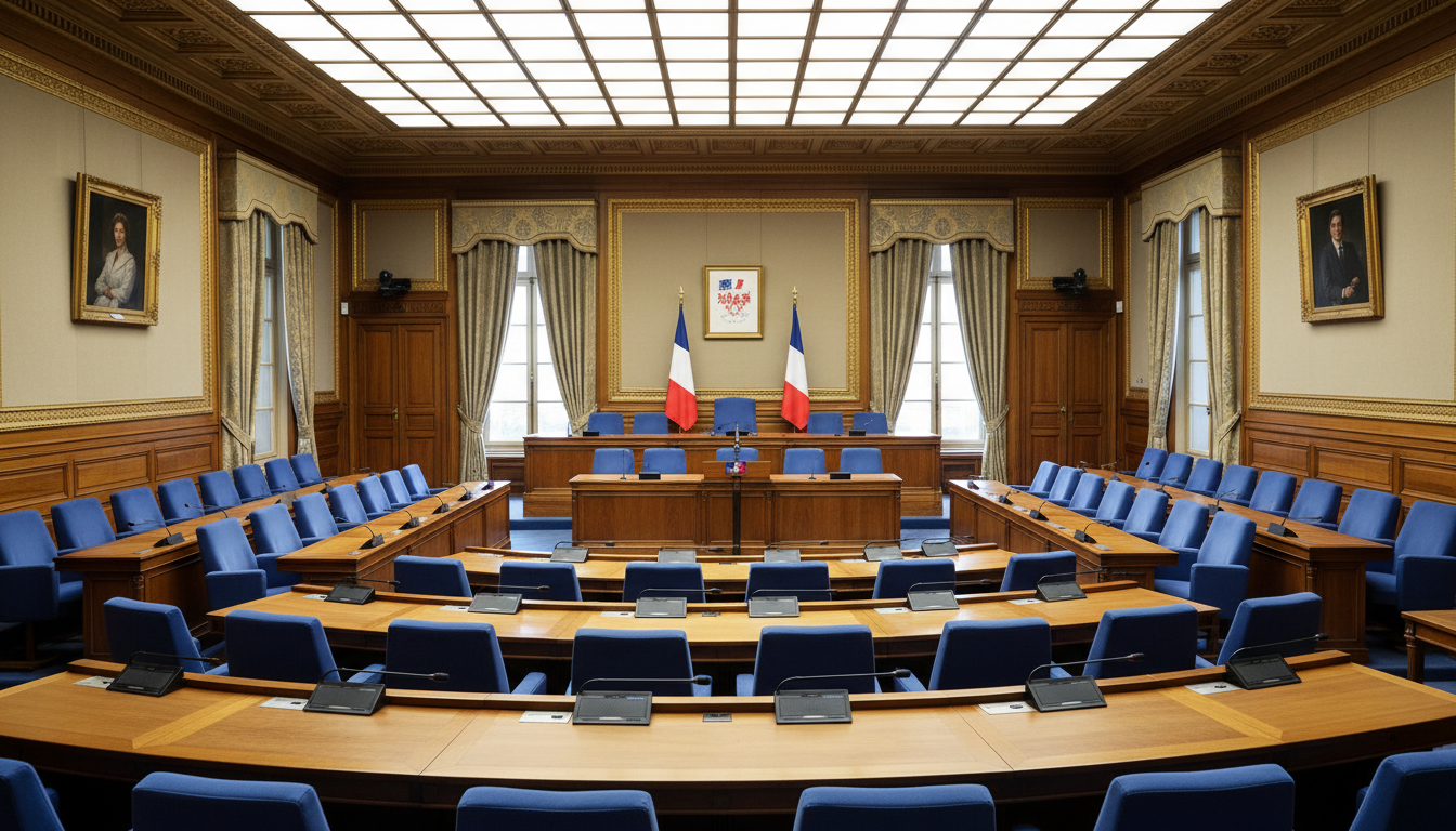 Salle de commission parlementaire vide à l'Assemblée nationale, avec des rangées de sièges face à une tribune officielle