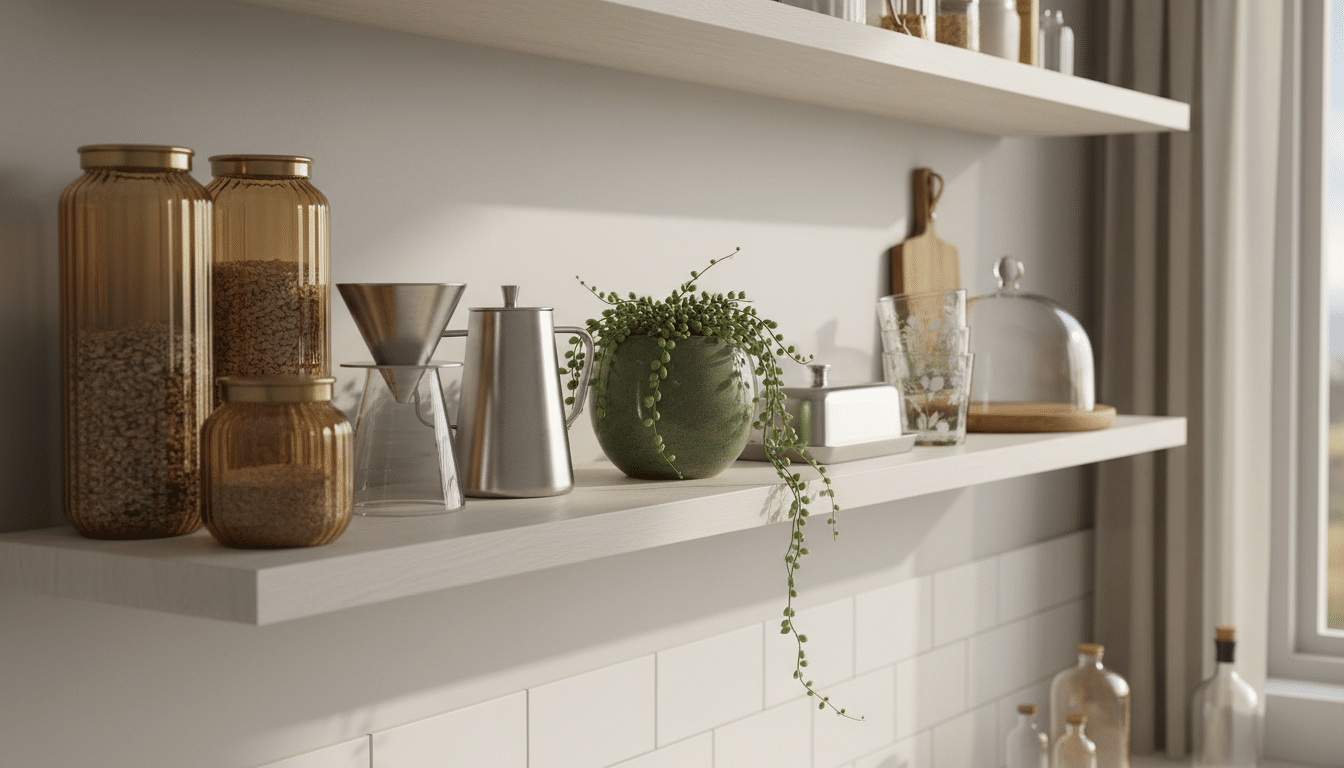 Accessoires de cuisine vintage et modernes sur étagère