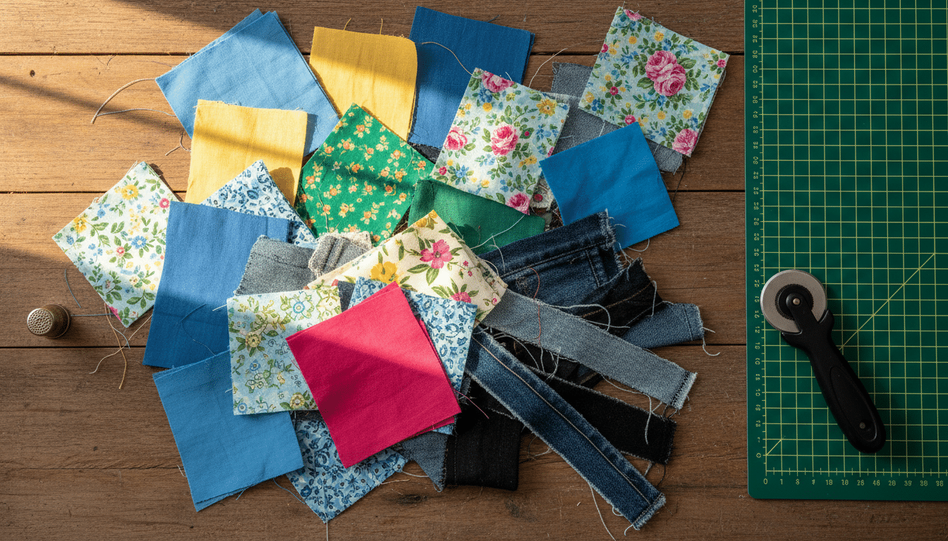 Chutes de tissu colorées étalées sur une table en bois