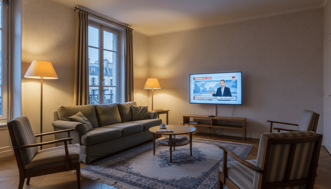 Un salon modeste éclairé par la lumière d'un téléviseur diffusant les informations