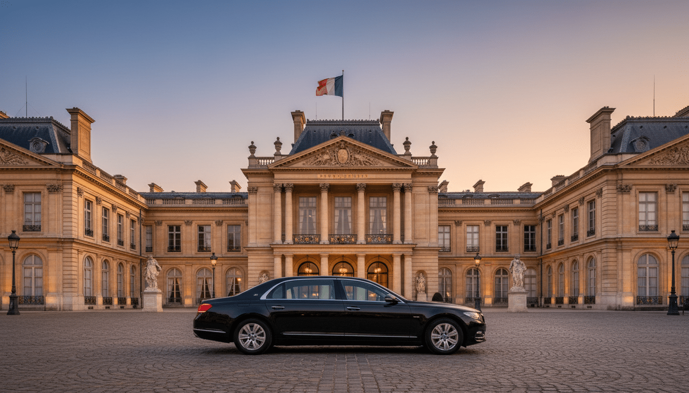 Le palais de l'Élysée au crépuscule avec le drapeau français et une voiture diplomatique
