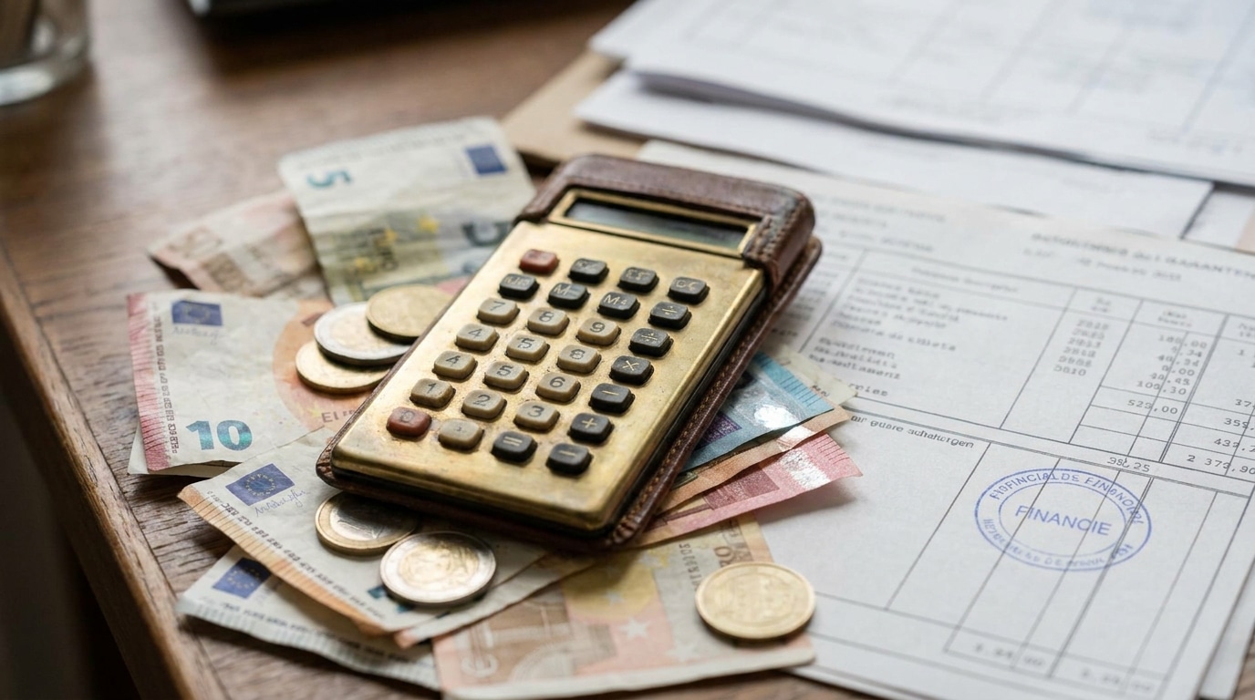 Calculatrice posée sur des billets et documents financiers
