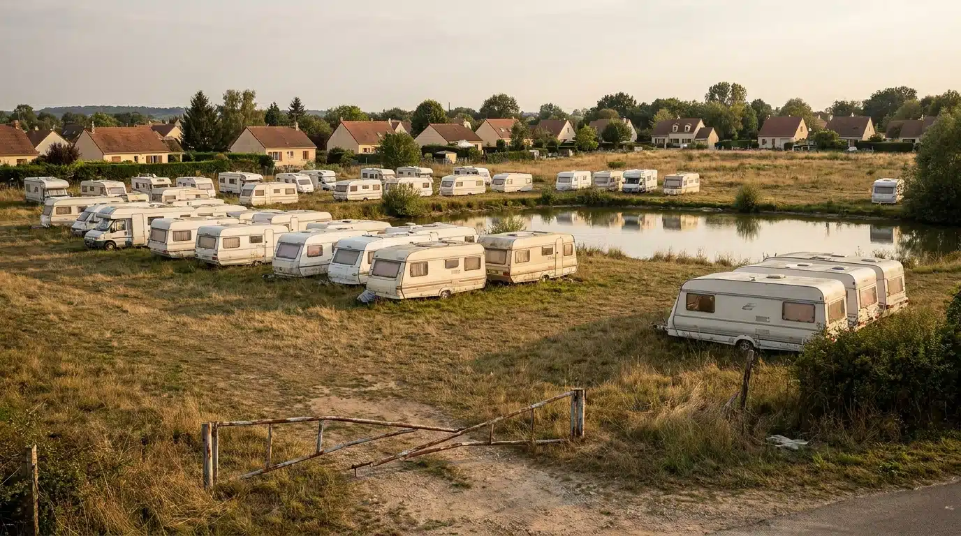Dizaines de caravanes installées sur un terrain près d'un étang