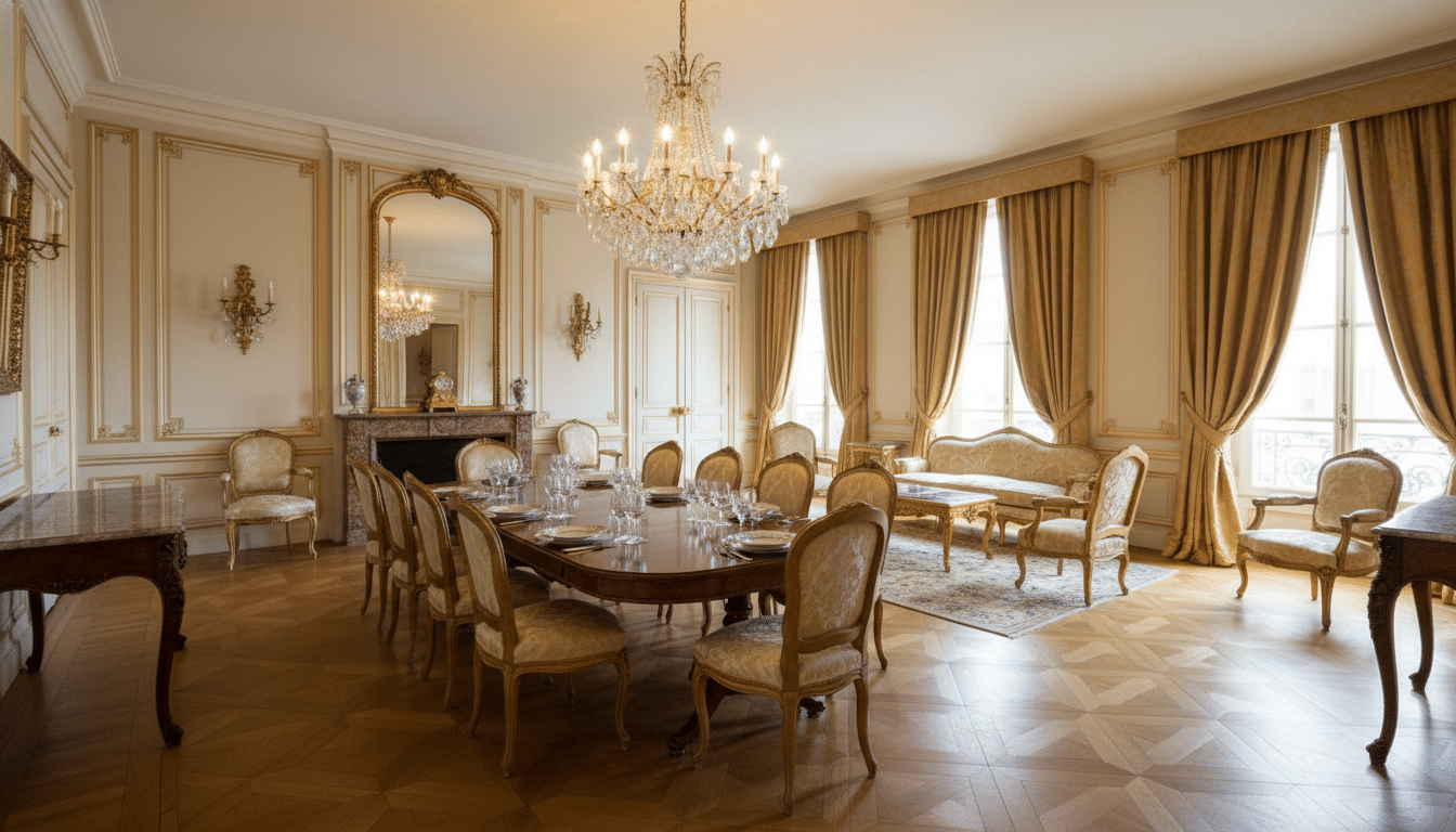 Intérieur d'une suite impériale parisienne avec parquet Versailles et mobilier d'époque