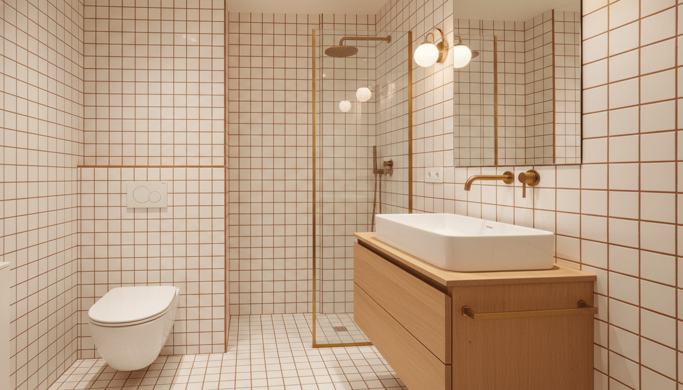 Salle de bains rénovée avec carrelage et robinetterie laiton