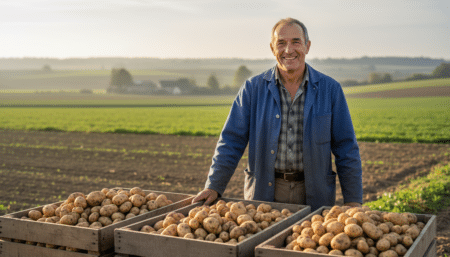 Agriculteur français souriant devant des caisses de pommes de terre