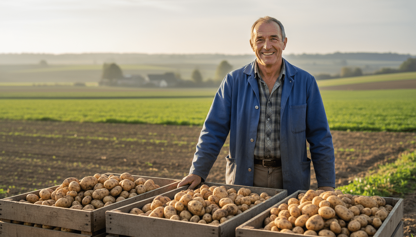 Agriculteur français souriant devant des caisses de pommes de terre