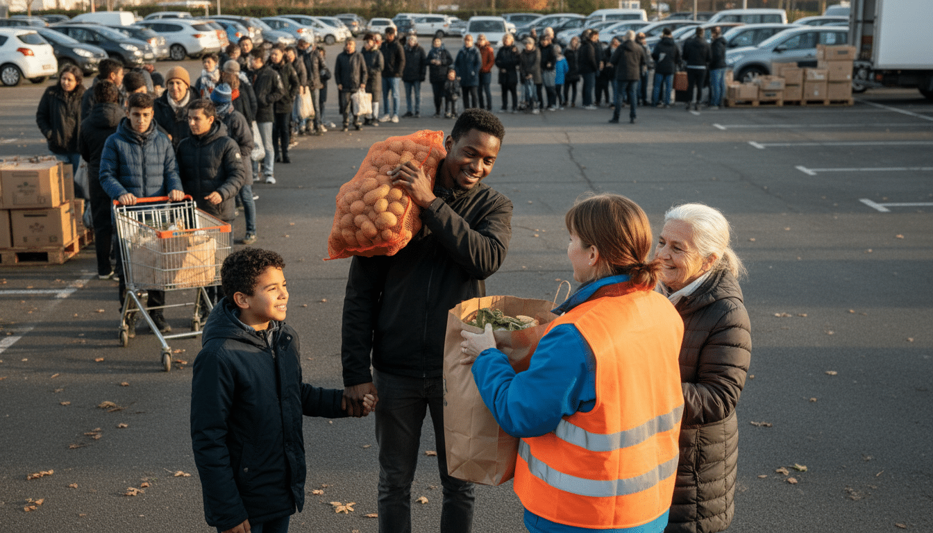 Famille recevant un sac de pommes de terre lors d'une distribution gratuite