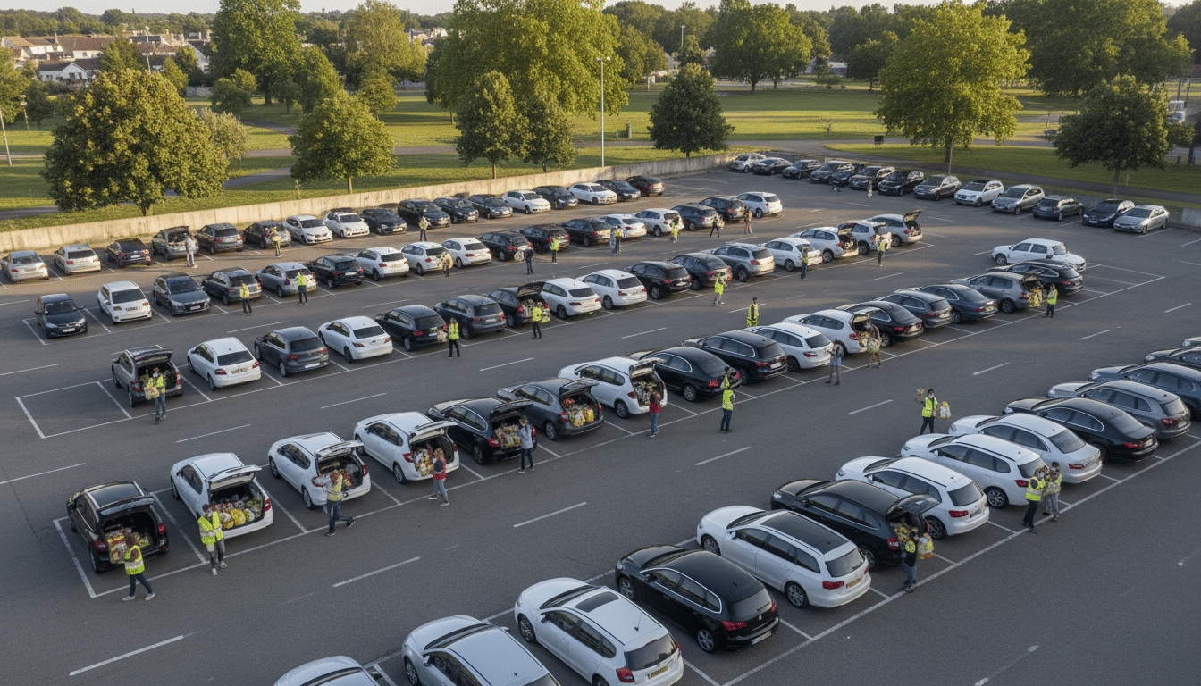 Vue aérienne du parking organisé en drive pour la distribution de pommes de terre