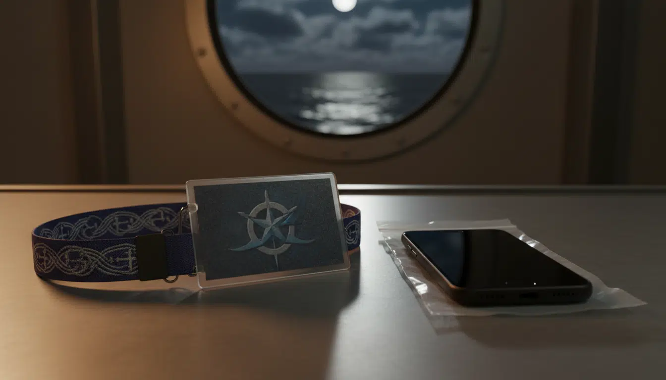 Badge d'équipage et téléphone confisqué sur un bureau