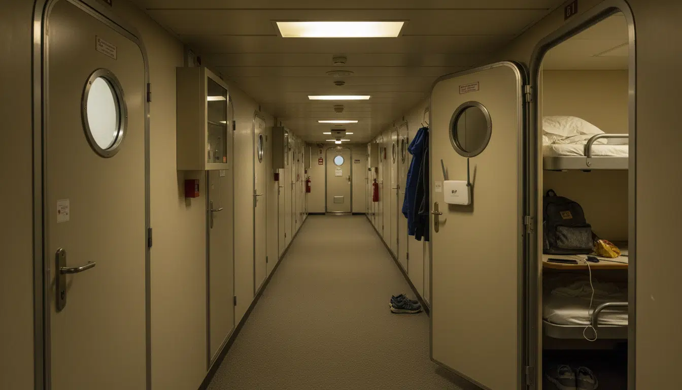 Couloir de cabines d'équipage à bord d'un navire de croisière