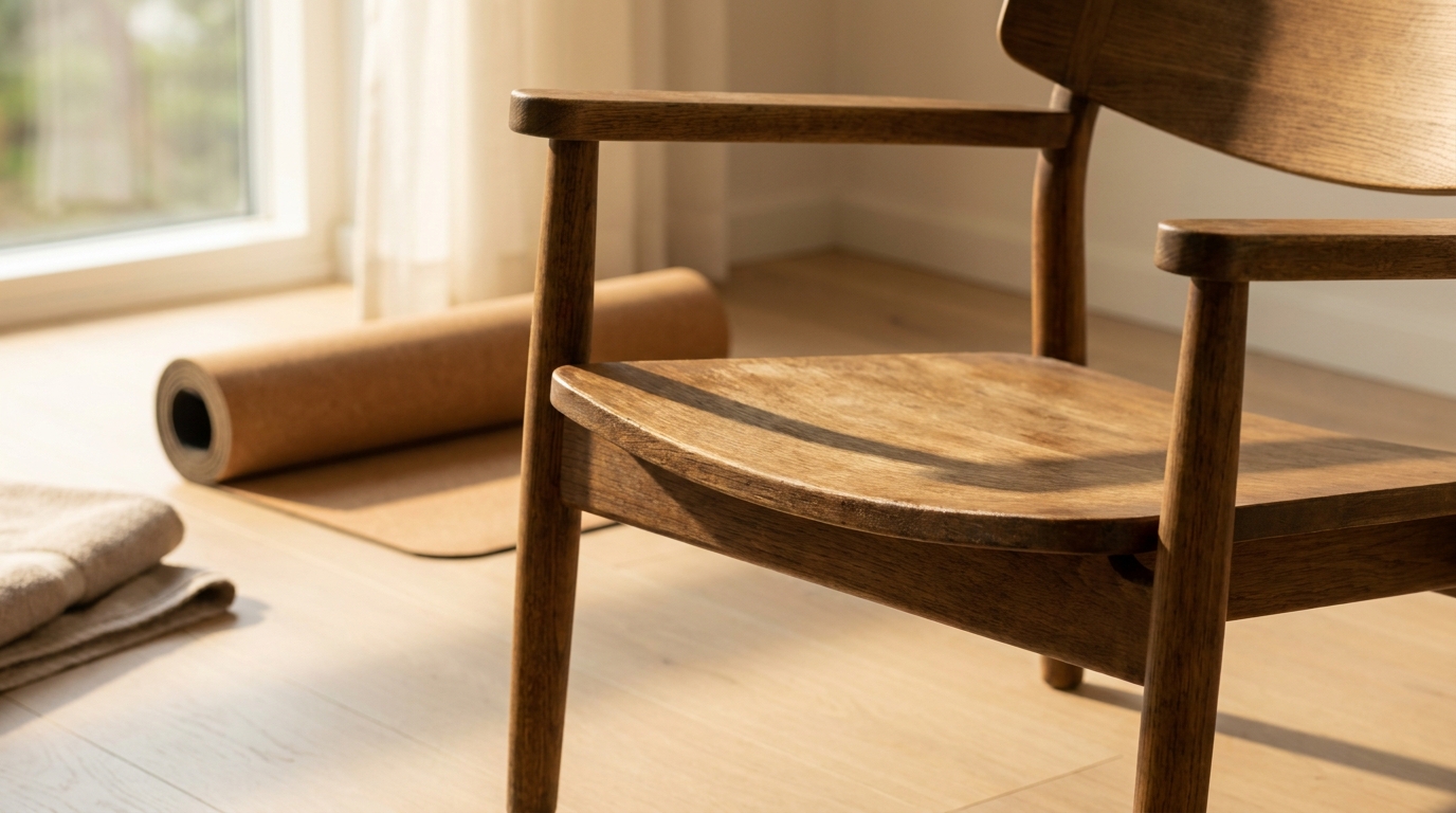 Chaise en bois dans un salon minimaliste pour exercice à domicile