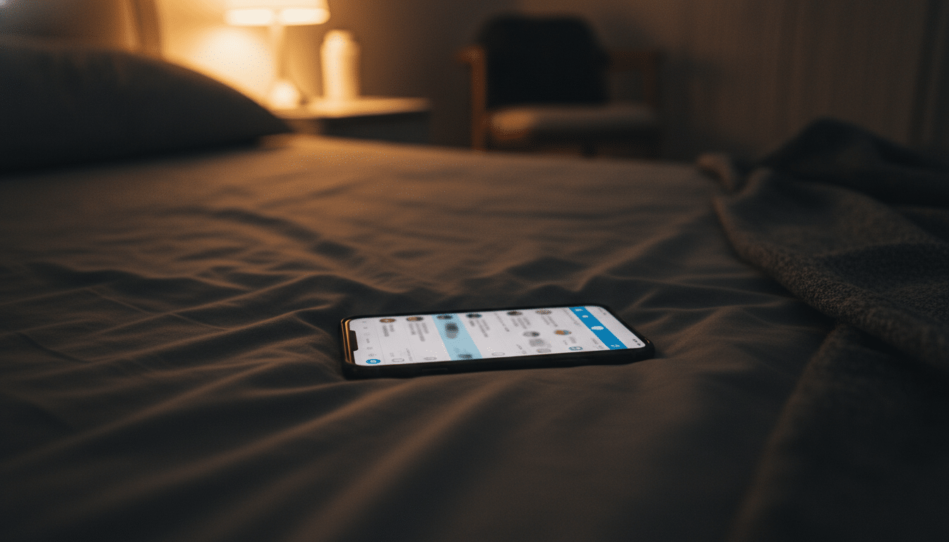 Smartphone posé sur un lit avec l'application Telegram ouverte