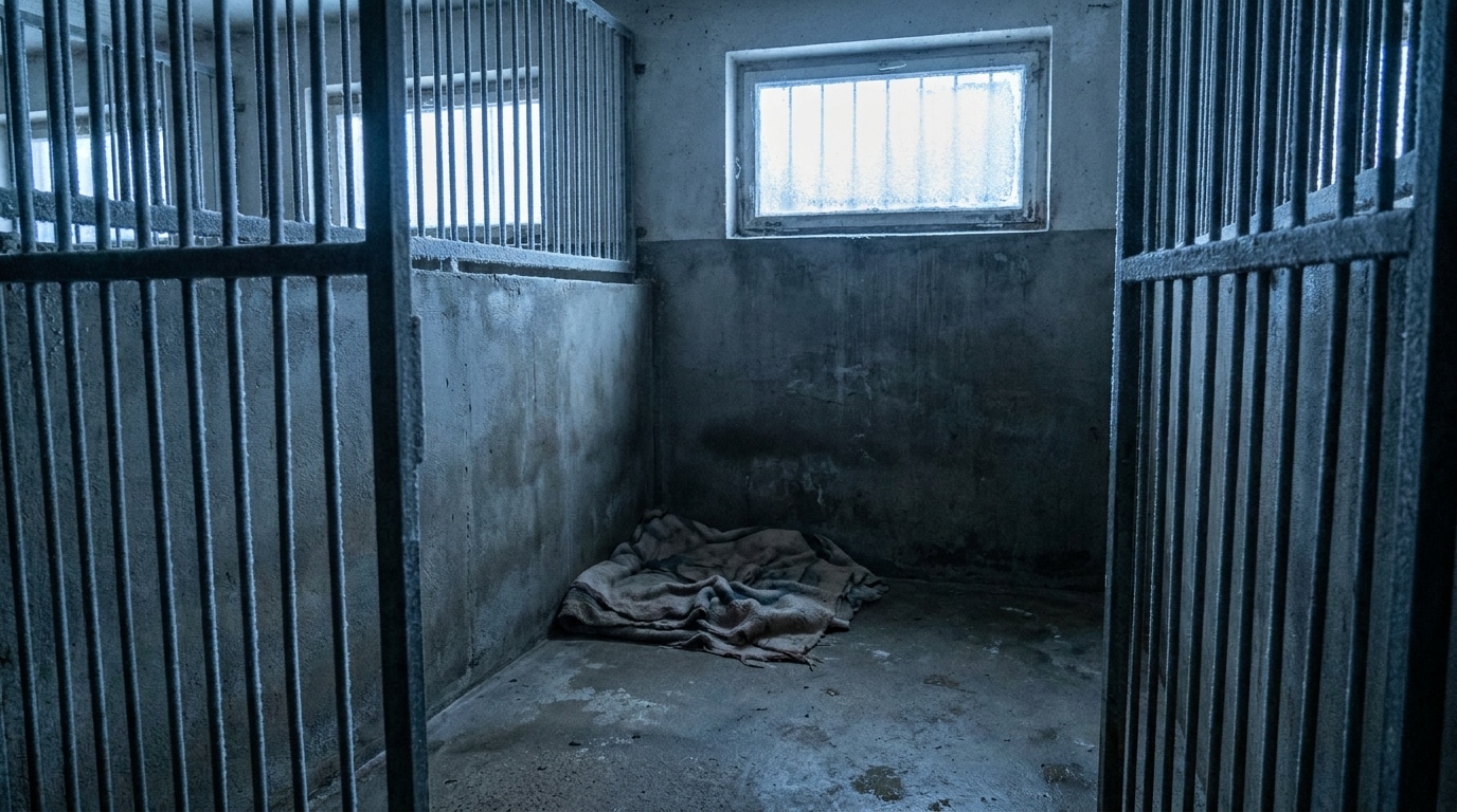 Box vide d'un refuge pour chiens en hiver avec couverture au sol