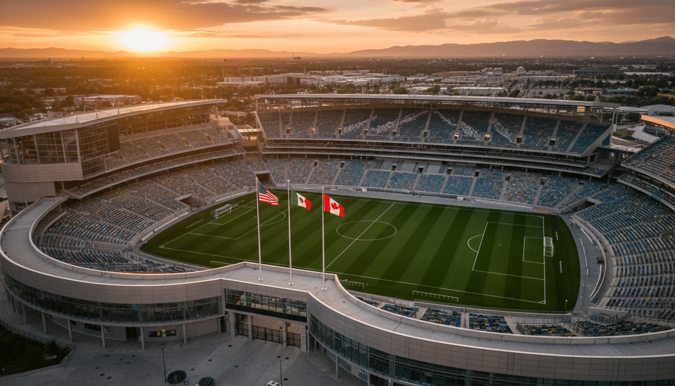Stade de football vide au coucher du soleil avec les drapeaux USA Mexique Canada pour le Mondial 2026