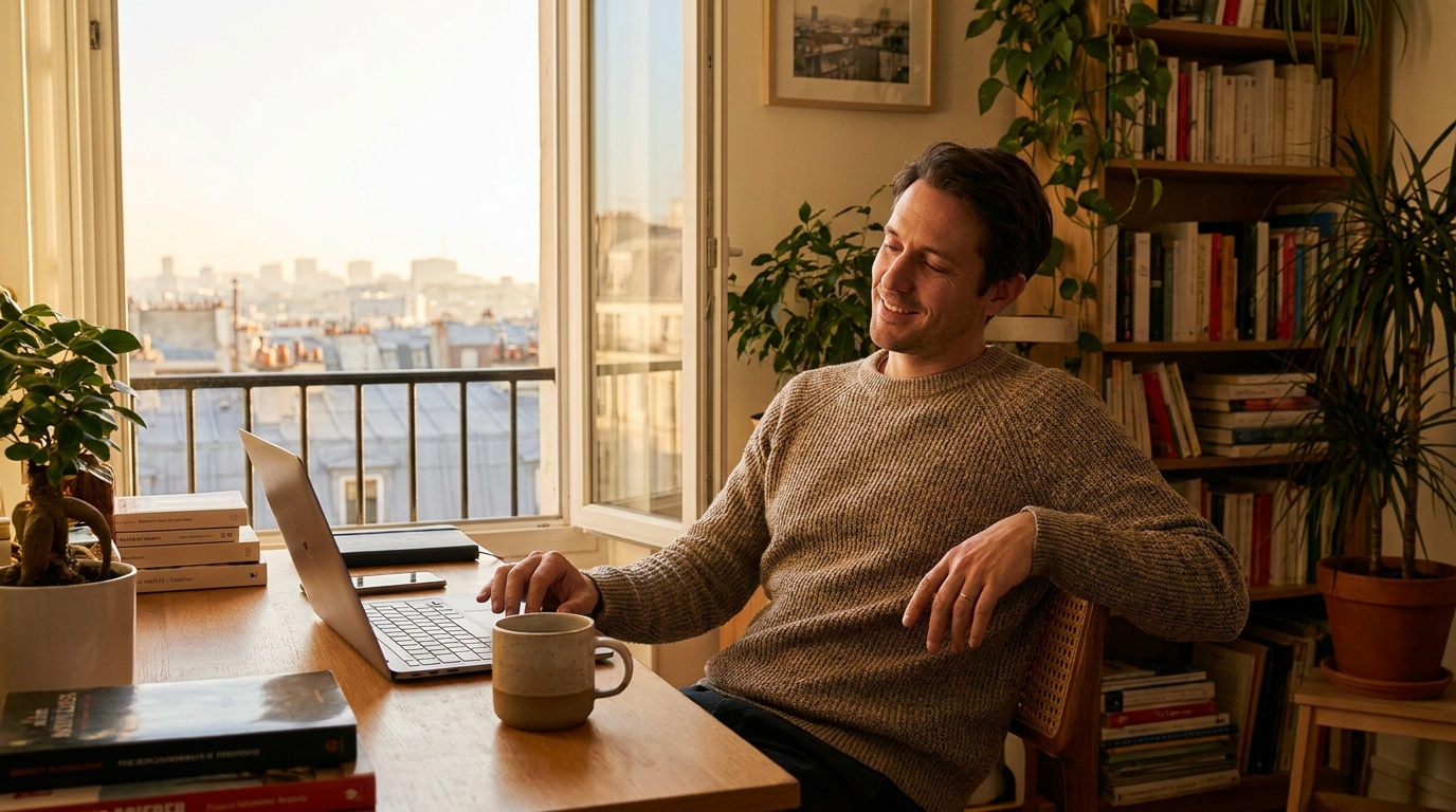 Salarié en télétravail à son bureau à domicile
