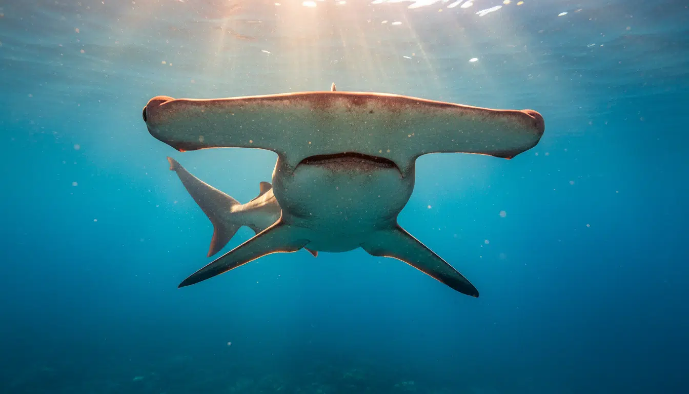 Grand requin-marteau nageant en eaux tropicales claires
