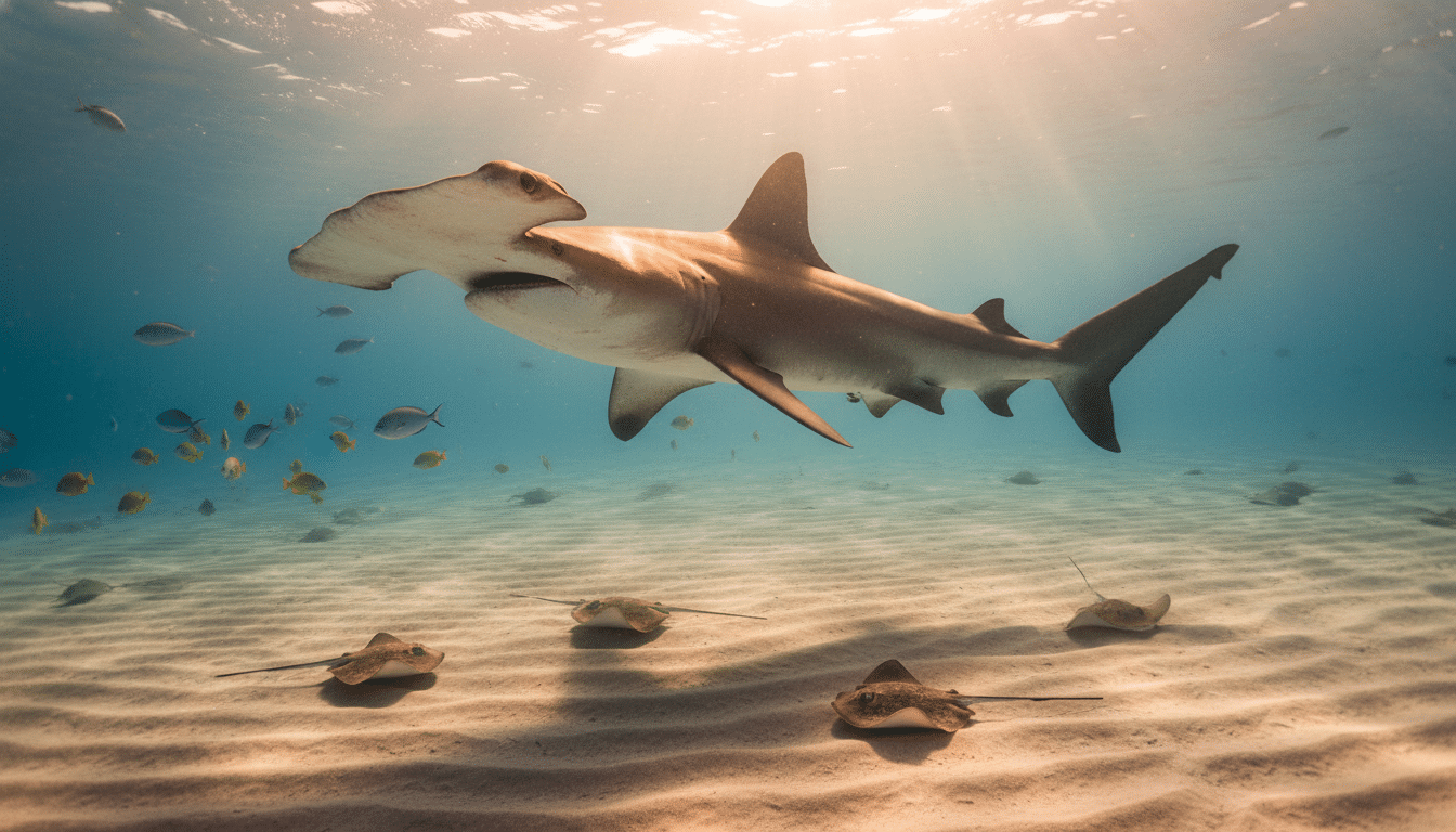 Requin-marteau géant près du fond sableux avec des raies