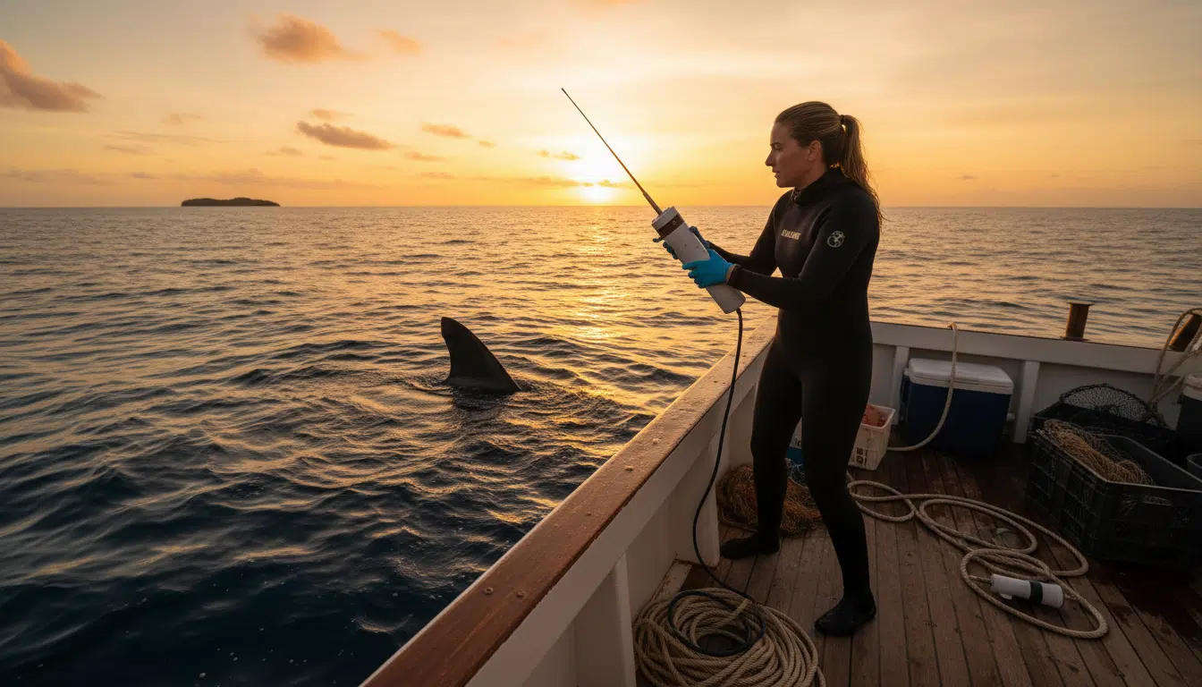 Biologiste marin sur un bateau observant un aileron de requin