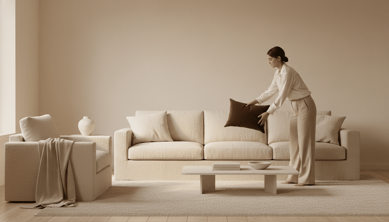 Ajout d'un coussin brun dans un salon monochrome beige
