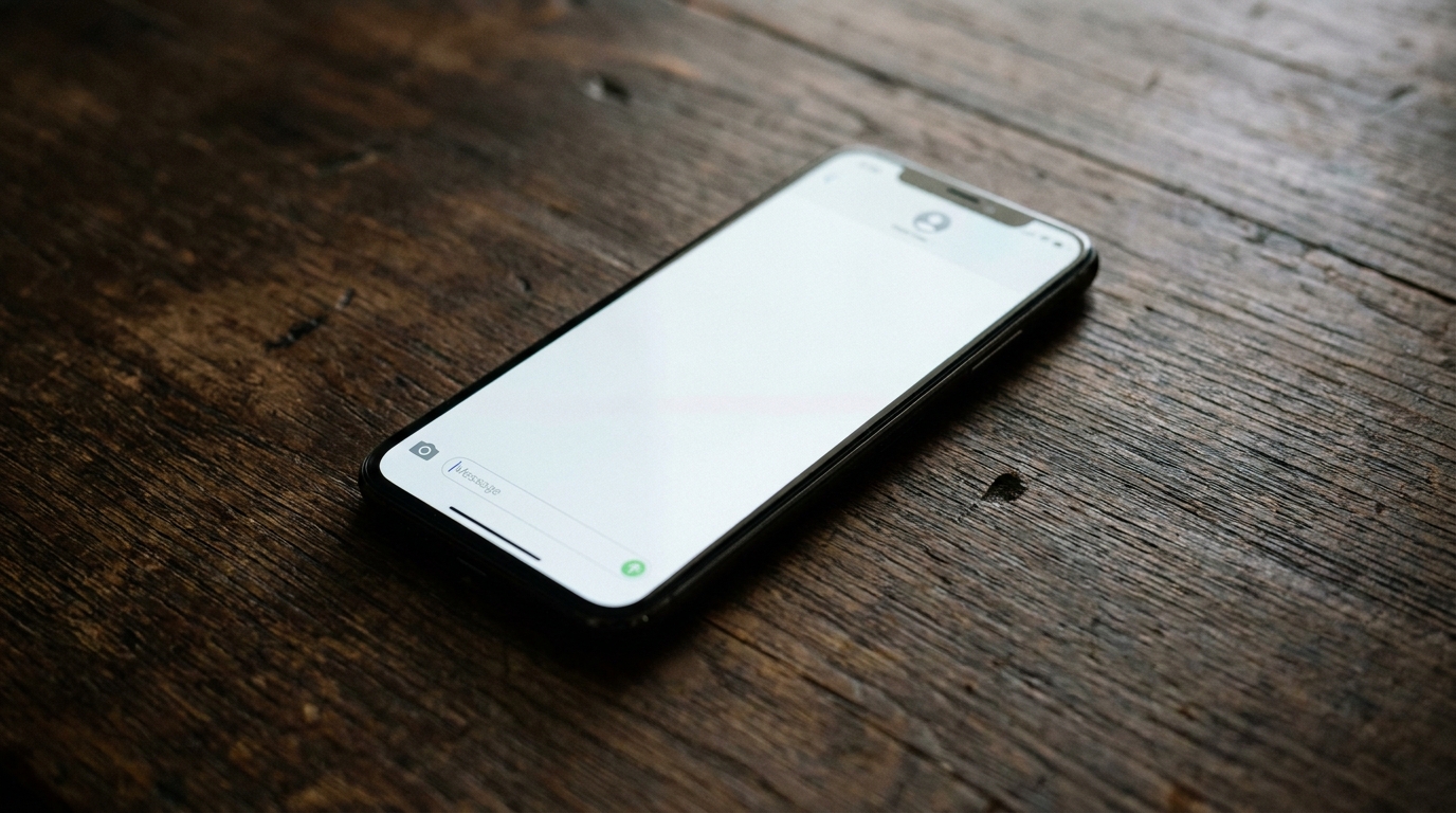 Smartphone posé sur un bureau en bois sombre affichant un écran de messagerie vide