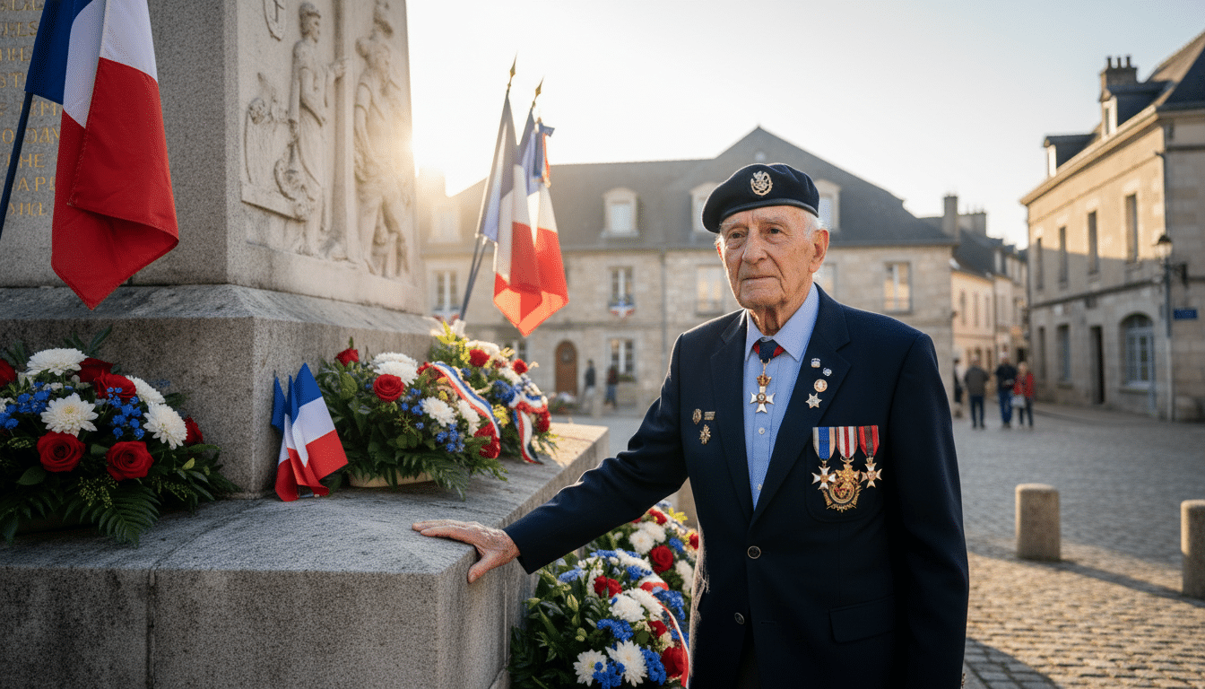 Ancien combattant français devant un monument aux morts