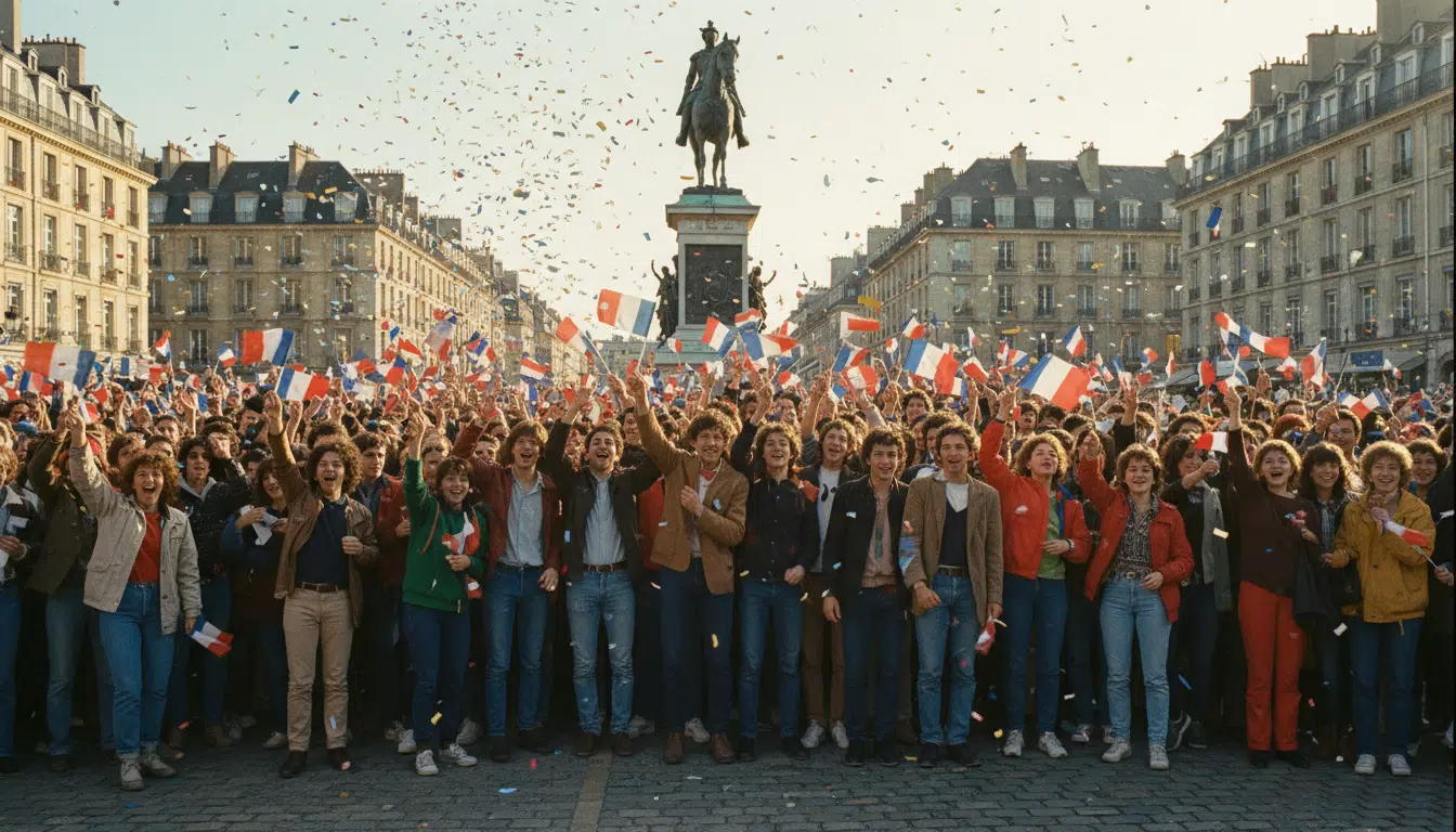 Foule en liesse dans une ville française au début des années 1980