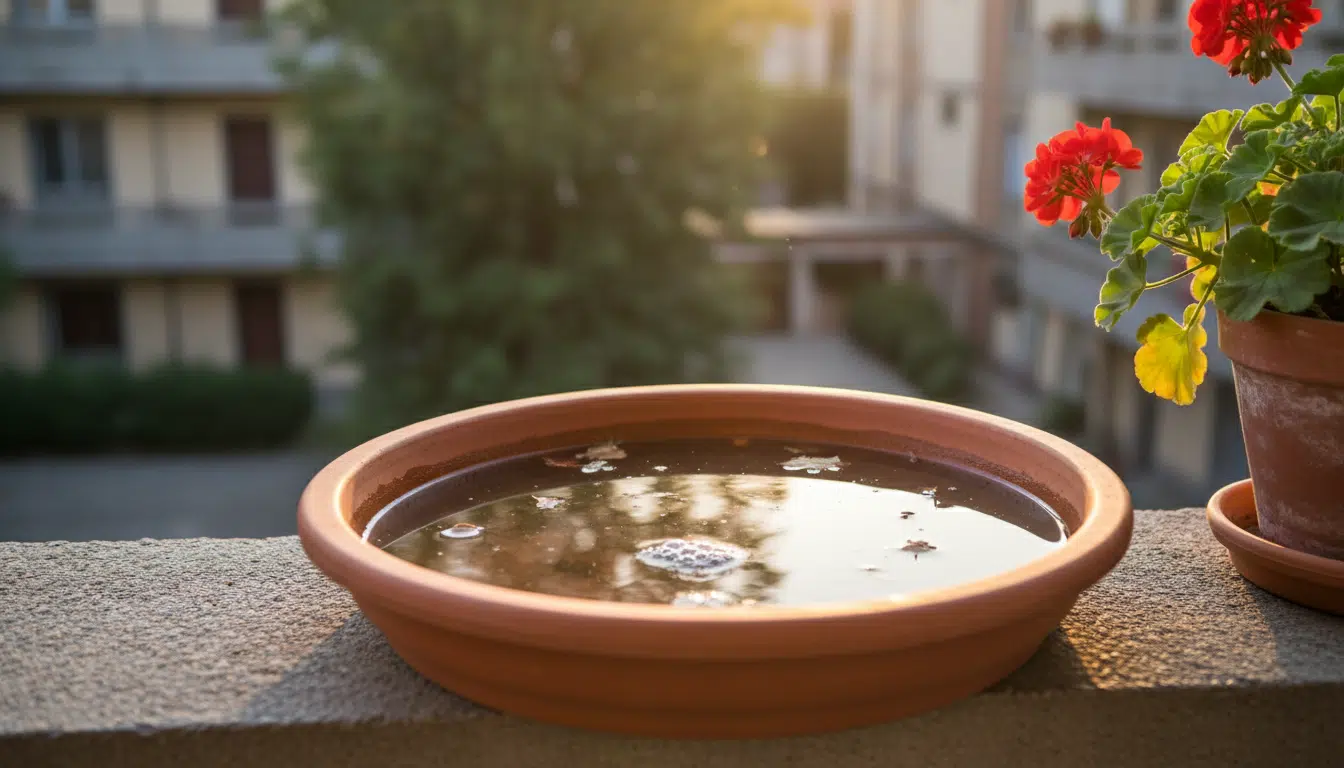 Soucoupe d'eau stagnante sous un pot de fleurs sur un balcon