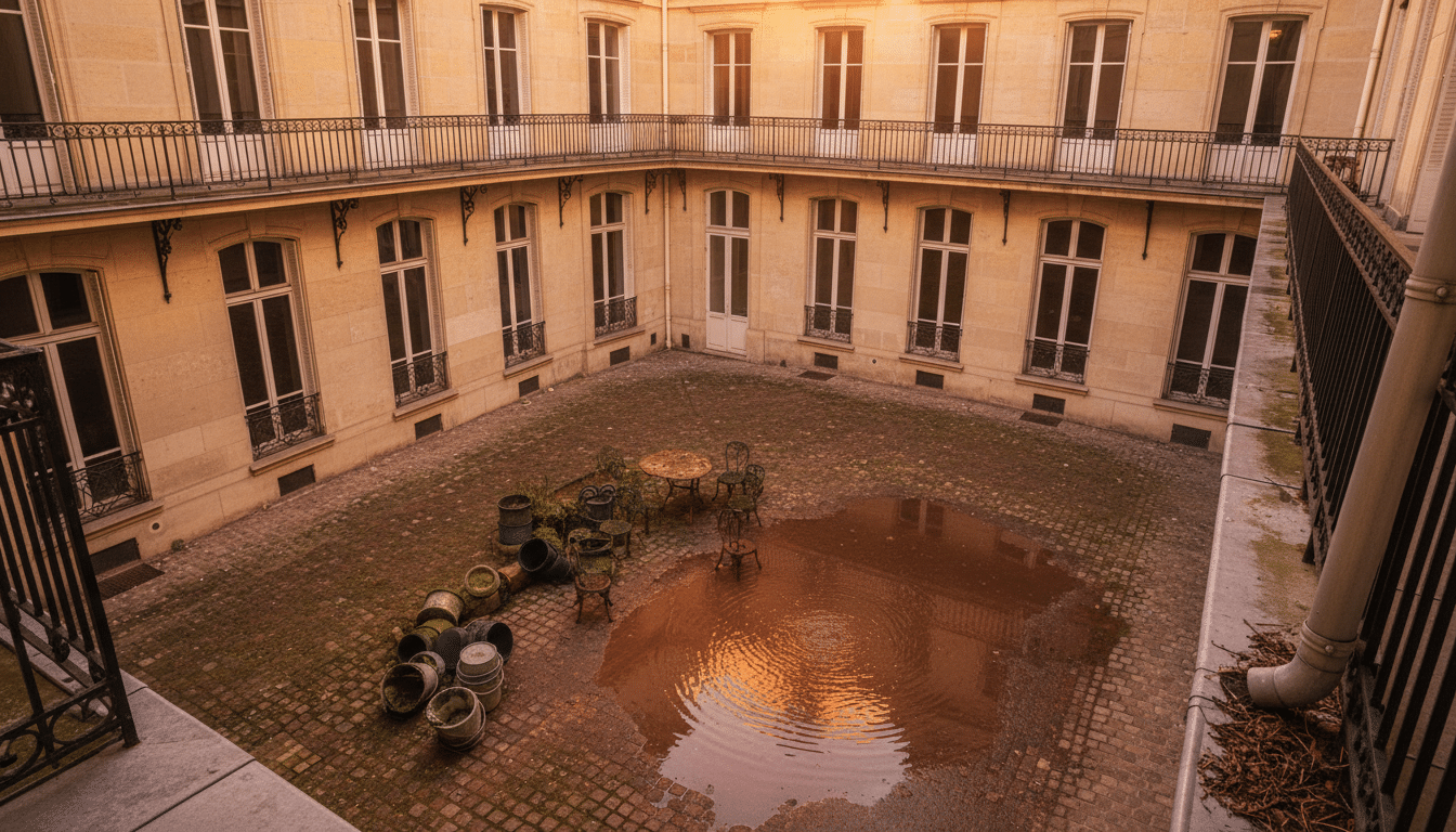 Cour intérieure d'immeuble avec objets retenant de l'eau