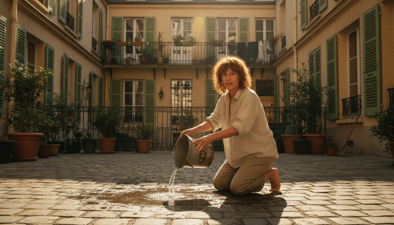 Résidente vidant un seau d'eau stagnante dans la cour d'immeuble